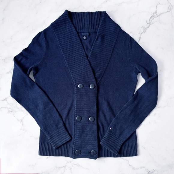 TOMMY HILFIGER Cardigan Sweater Womens Medium Navy Blue Nautical Cable Knit Neck - Picture 1 of 11